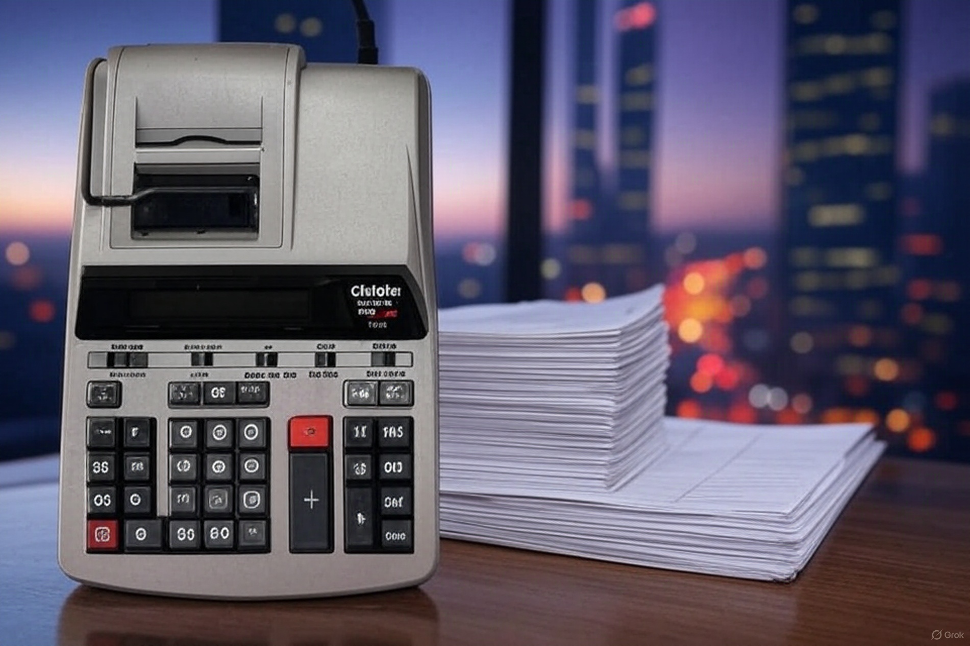 A calculator standing up in front of a stack of tax documents.